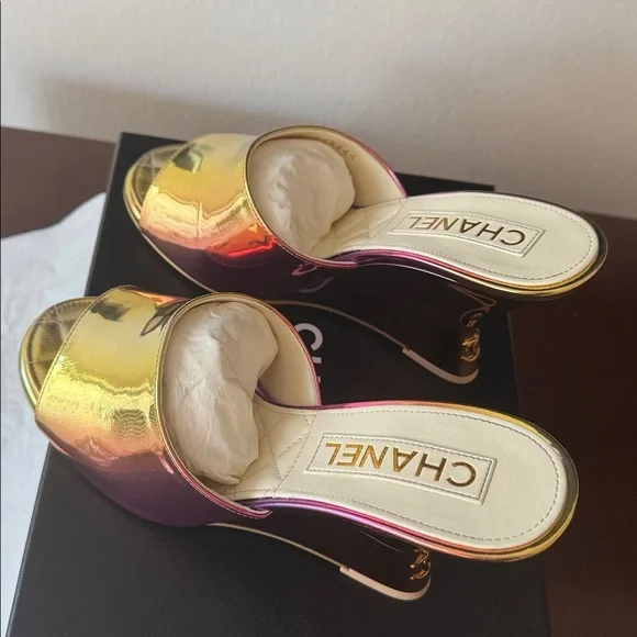 CHANEL Laminated Calfskin Wedge Mules 37.5 Pink Orange Yellow Multicolor CC logo - Picture 6 of 13